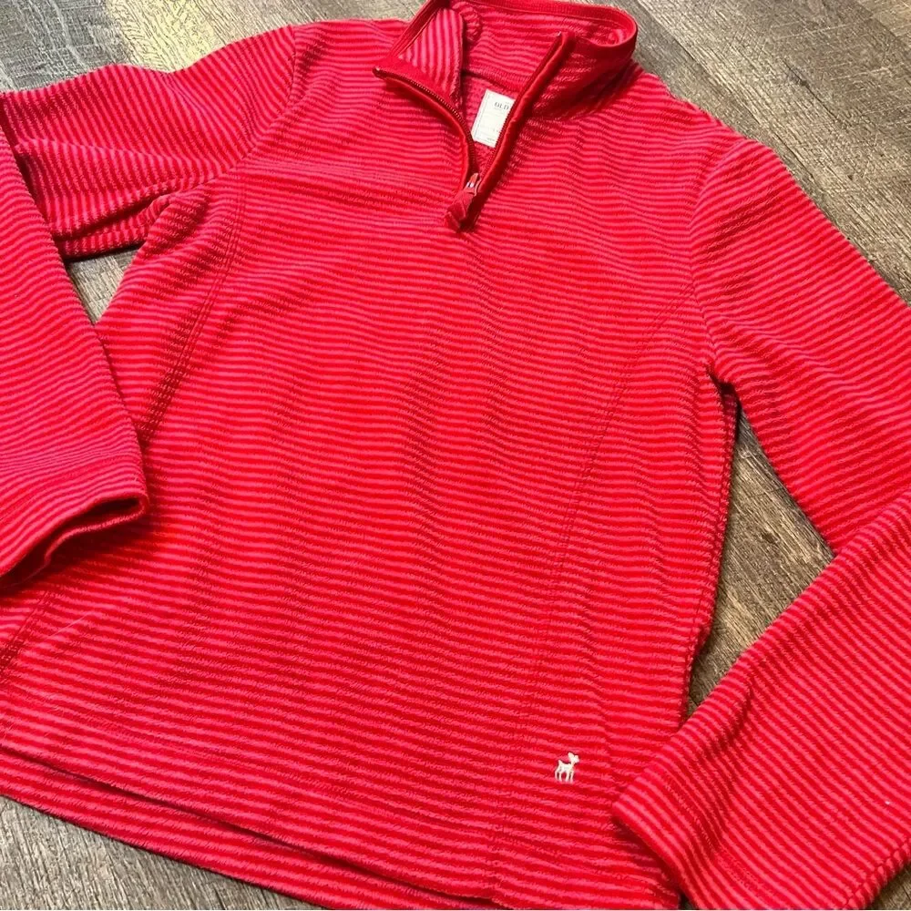 Old Navy Girls XL 14-16 Red Pink Stripe Quarter Zip Fleece Pullover Sweater